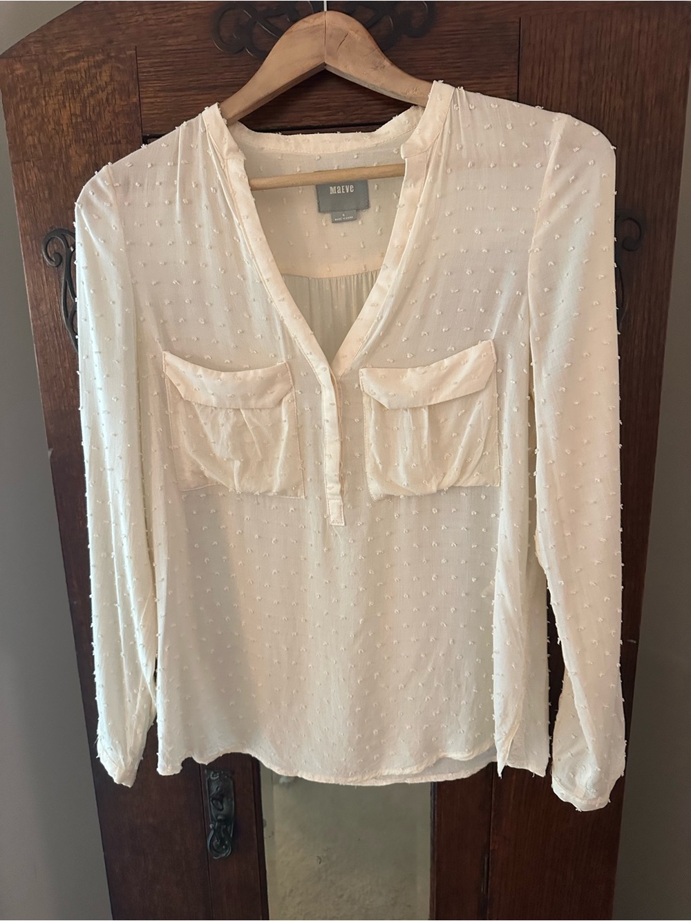 Maeve Cream Swiss Dot Long-Sleeve Pocket Blouse Size Small Work Preppy